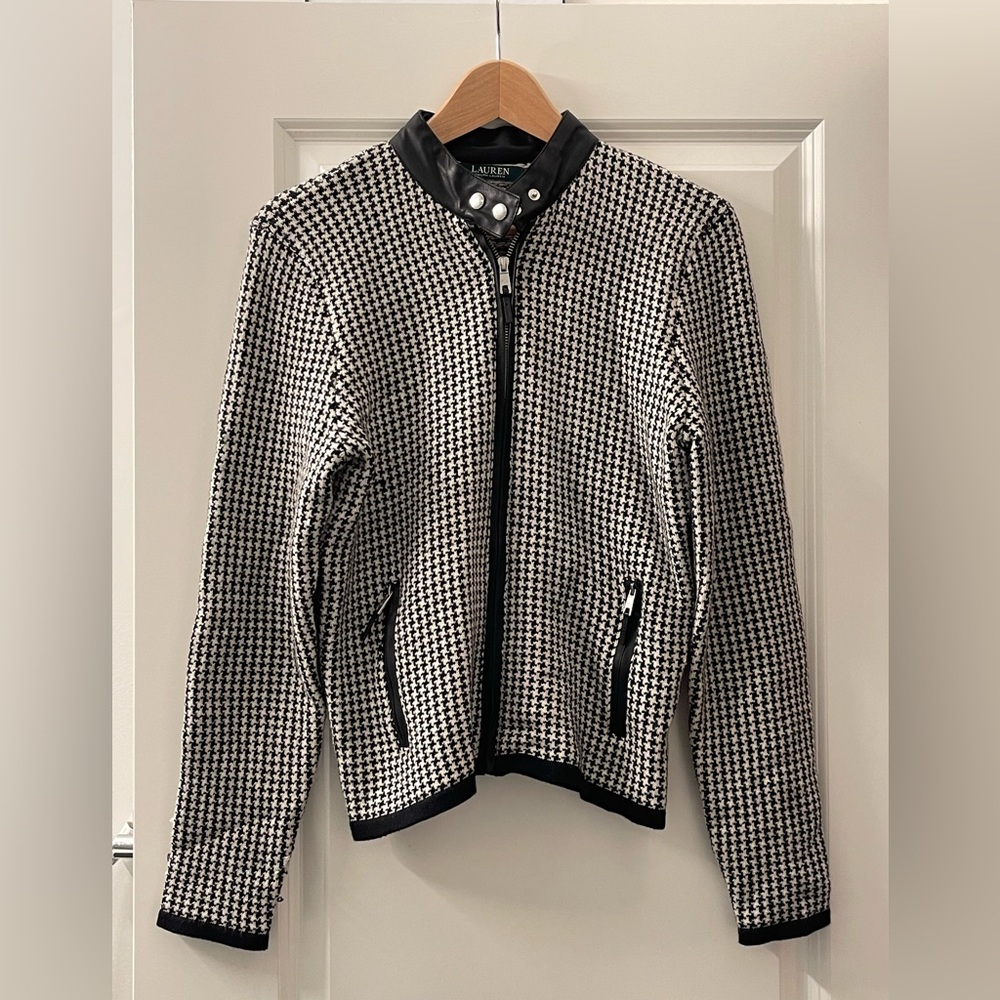 Lauren Ralph Lauren Black & White wool blend Houndstooth Zip-Front Jacket